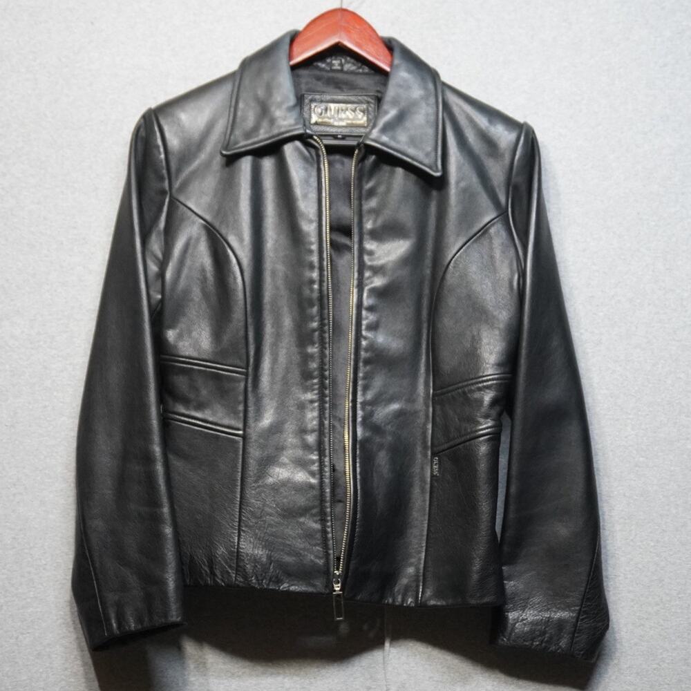 Vintage Guess Genuine Black Leather Jacket Full Zip Pockets Womens M Y2K Goth